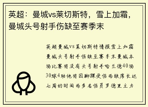 英超：曼城vs莱切斯特，雪上加霜，曼城头号射手伤缺至赛季末